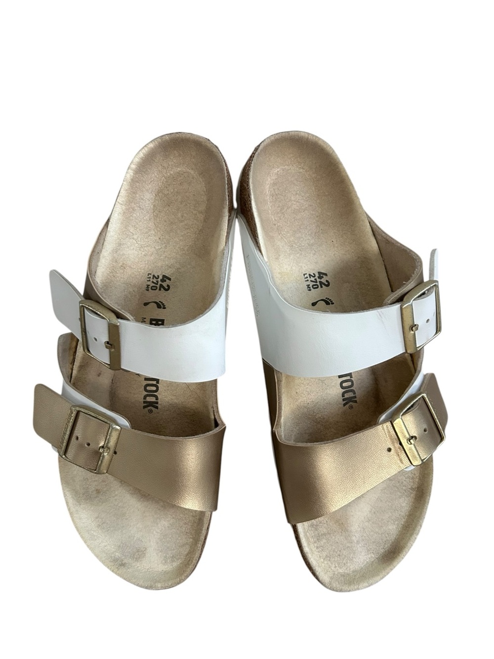 Birkenstock Arizona Birko-Flor Sandals Gold & White Unisex Size 42 M9 L11